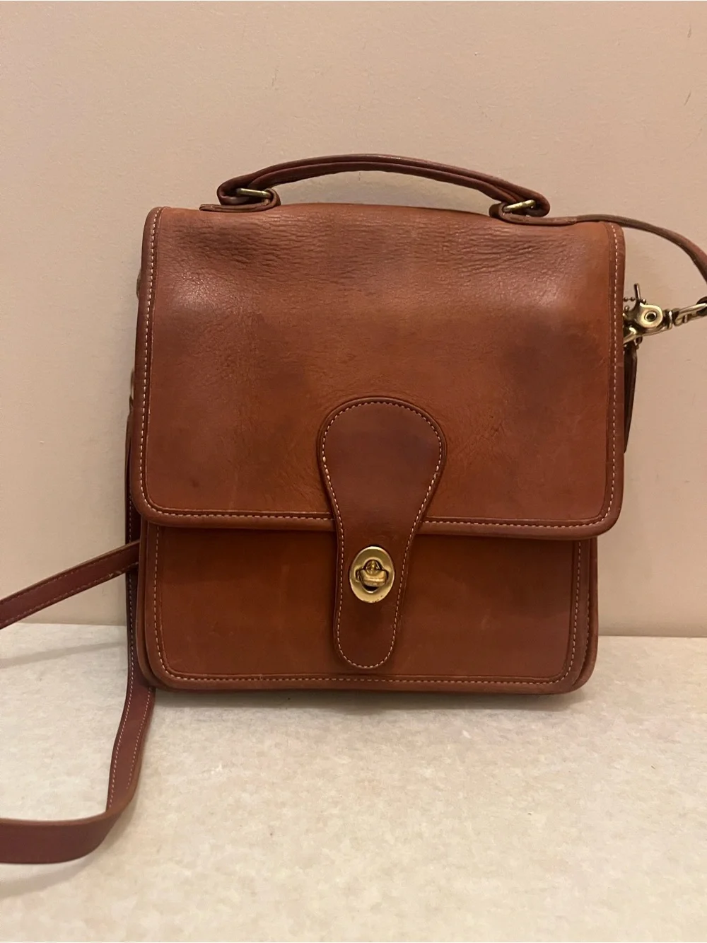 Coach Brown Leather Messenger Bag with Brass Turn-Lock. # E4L-5130